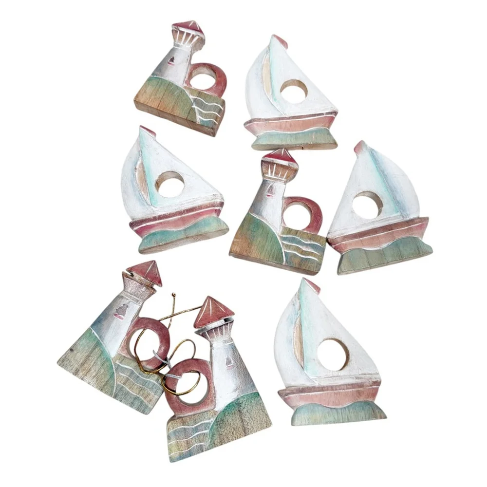 Cottage Nautical 8 Wooden Napkin Rings Sailboat Lighthouse Beach Table Decor
